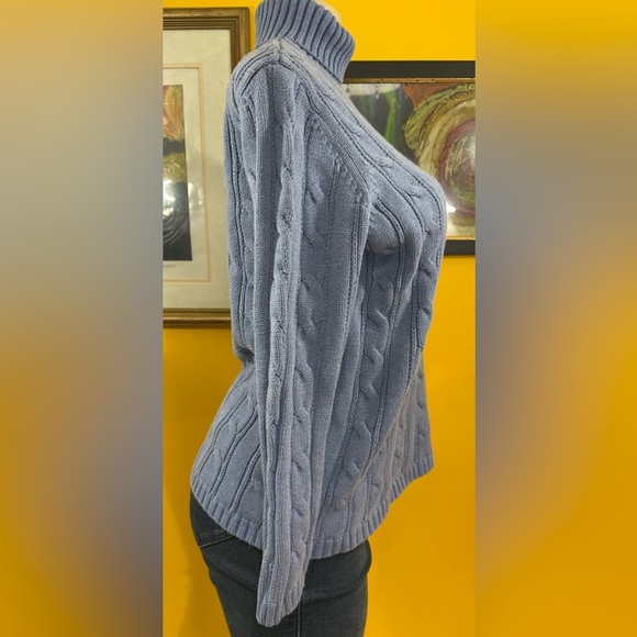 Land’s End Women's Blue Cable Knit Turtleneck Sweater - Picture 2 of 11